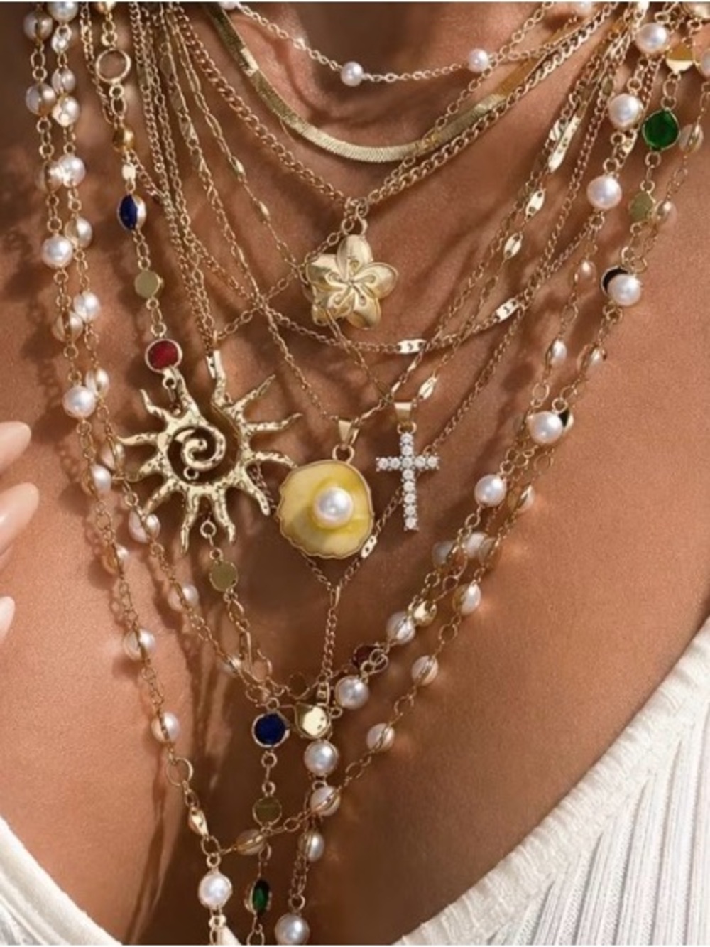 Gold Layered Necklace Set with Yellow Shell, Pearl and Cross Charms